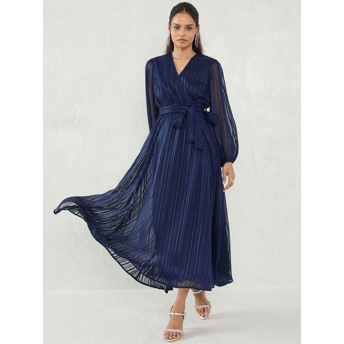 Femmella Navy Blue Lurex Wrap Look A-Line Maxi Dress with Tie Detail-women-clothing-dresses-image-5