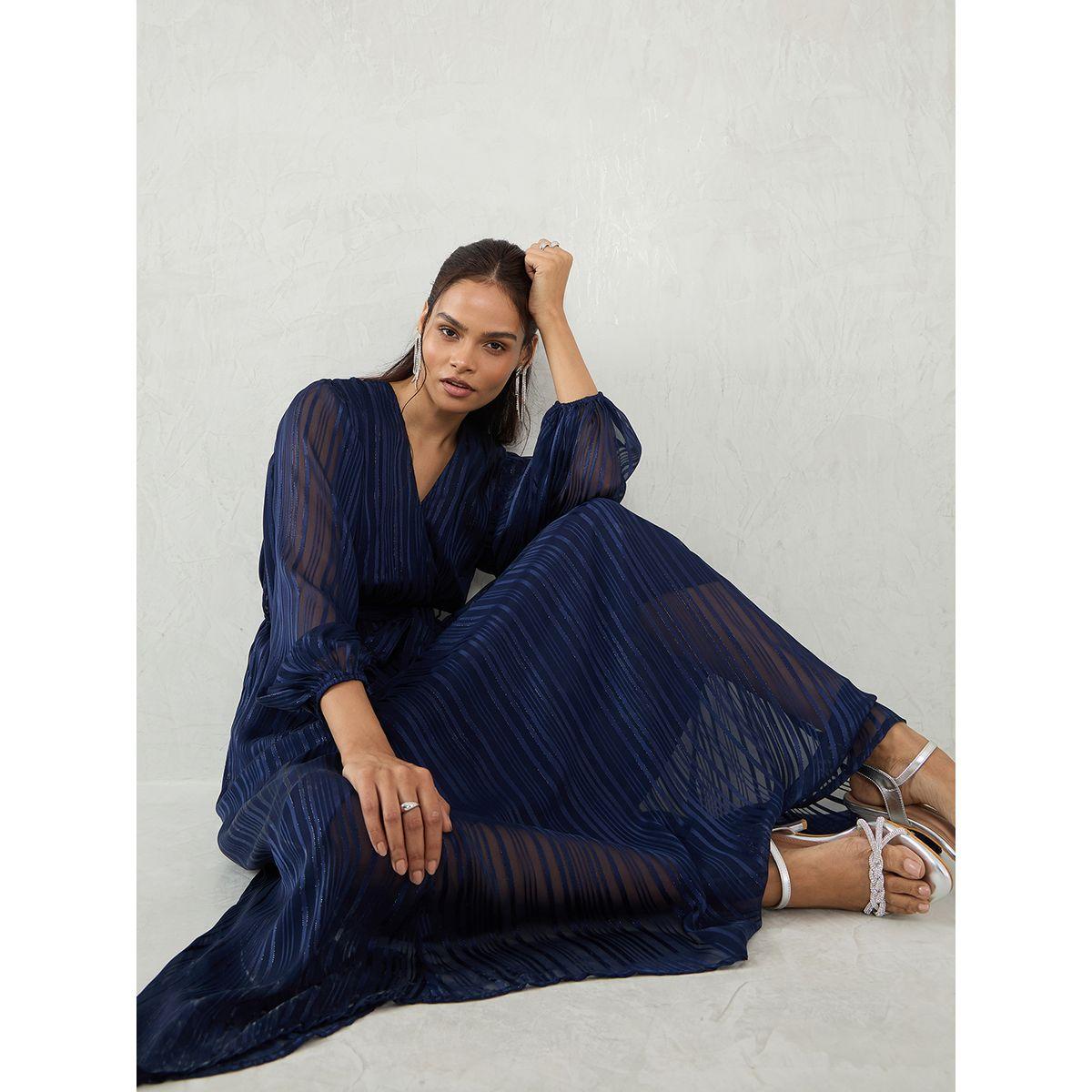 Femmella Navy Blue Lurex Wrap Look A-Line Maxi Dress with Tie Detail-women-clothing-dresses-image-6
