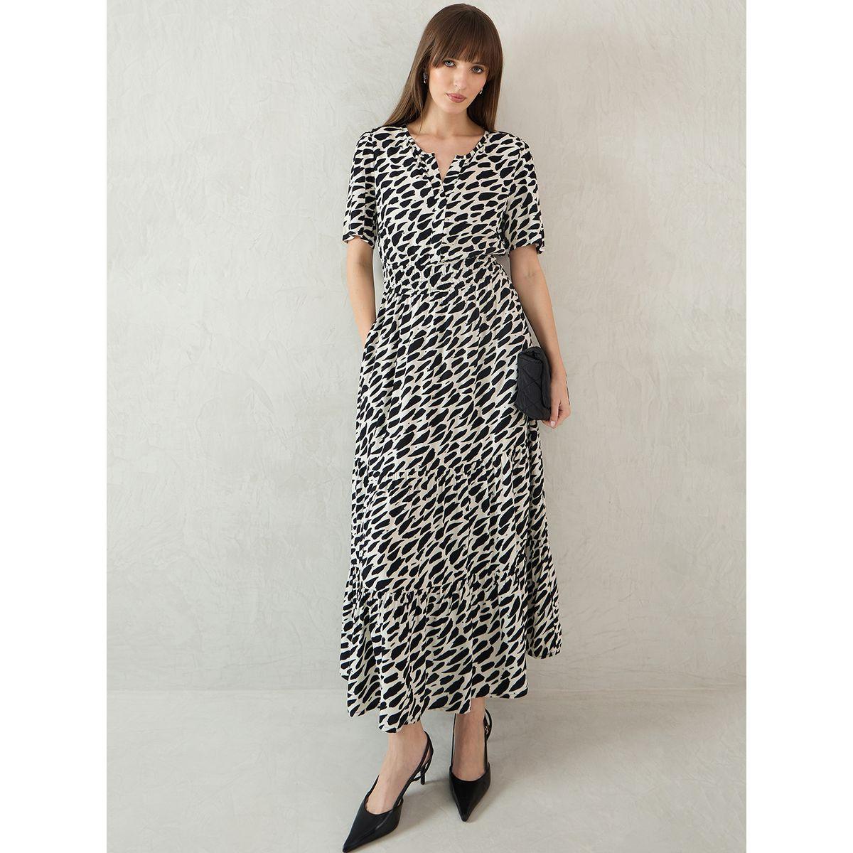 فستان طويل مُطبع بأكمام قصيرة مع تفاصيل كسرات-women-clothing-dresses-image-5