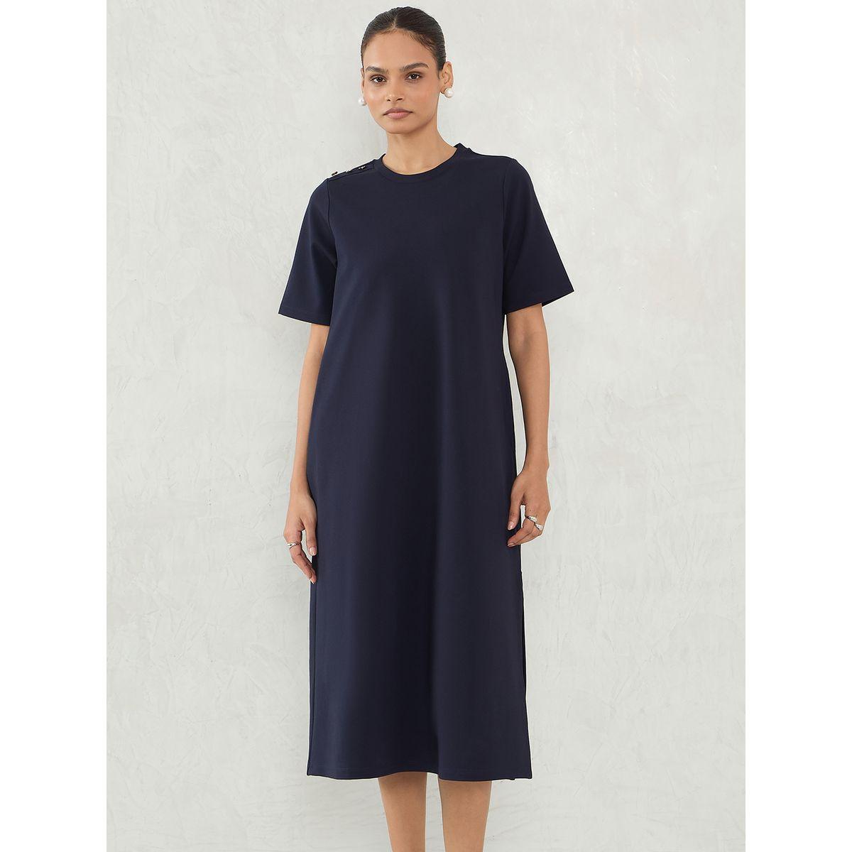 Femmella Navy Blue Solid Knit Shift Midi Dress with Slit Detail-women-clothing-dresses-image-1