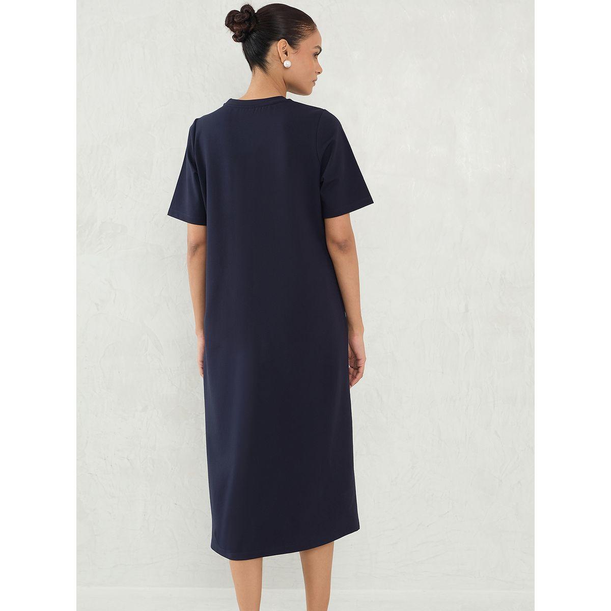 فستان ميدي سادة بتفاصيل شق جانبي-women-clothing-dresses-image-2