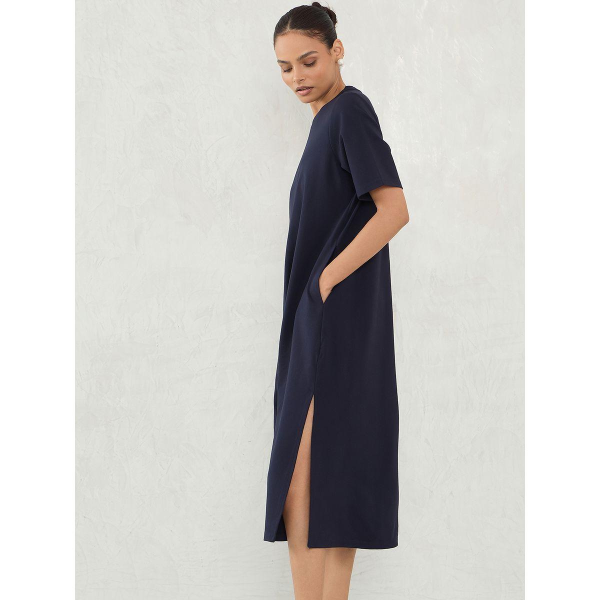 Femmella Navy Blue Solid Knit Shift Midi Dress with Slit Detail-women-clothing-dresses-image-3