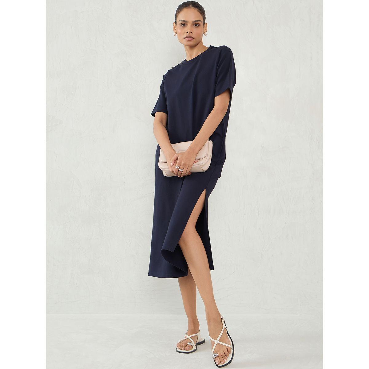 فستان ميدي سادة بتفاصيل شق جانبي-women-clothing-dresses-image-5