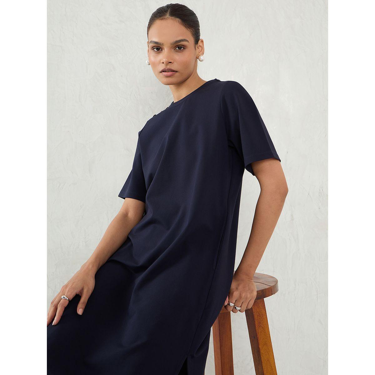 Femmella Navy Blue Solid Knit Shift Midi Dress with Slit Detail-women-clothing-dresses-image-6