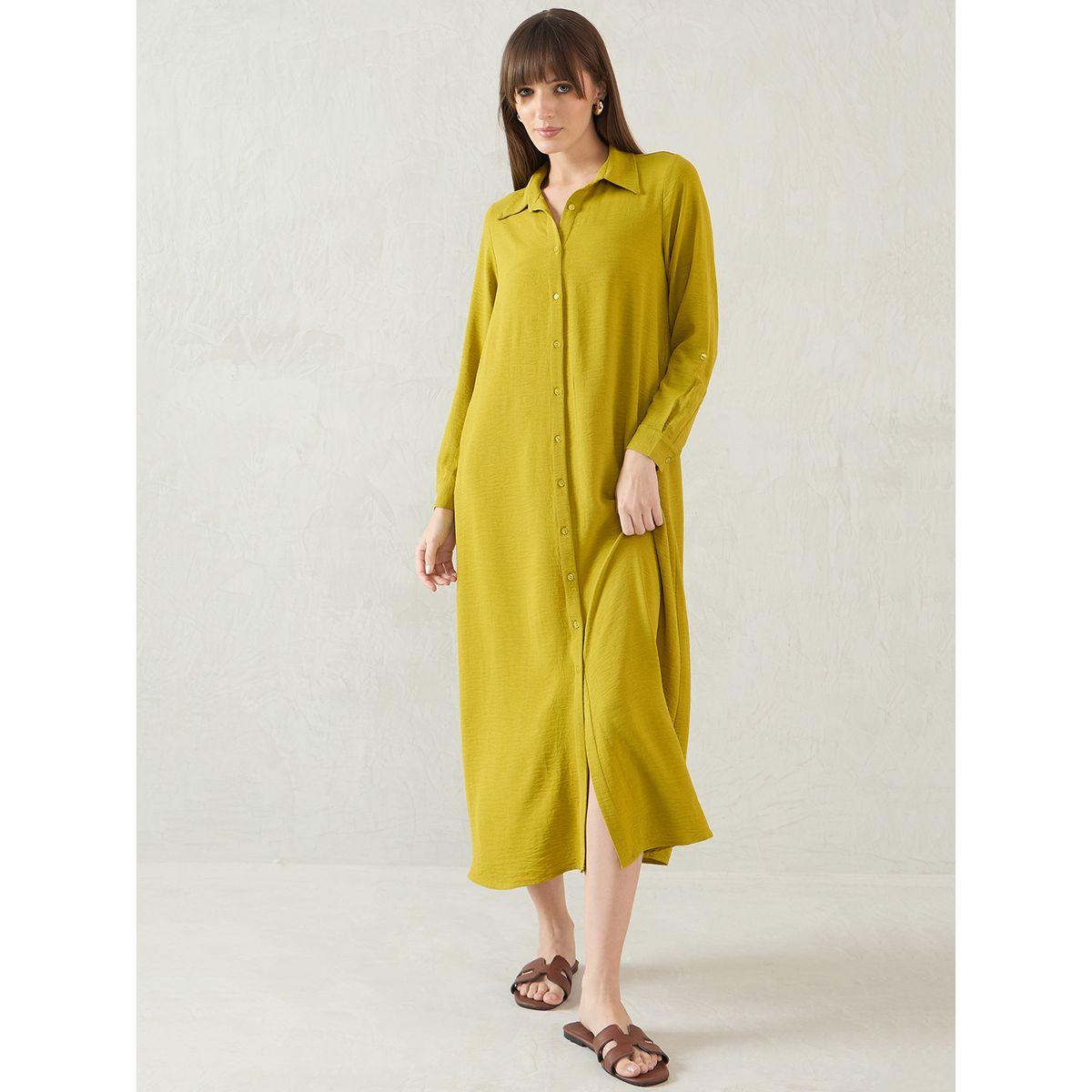 Femmella Green Solid Long Sleeve Shirt Midi Dress with Button Front-women-clothing-dresses-image-1