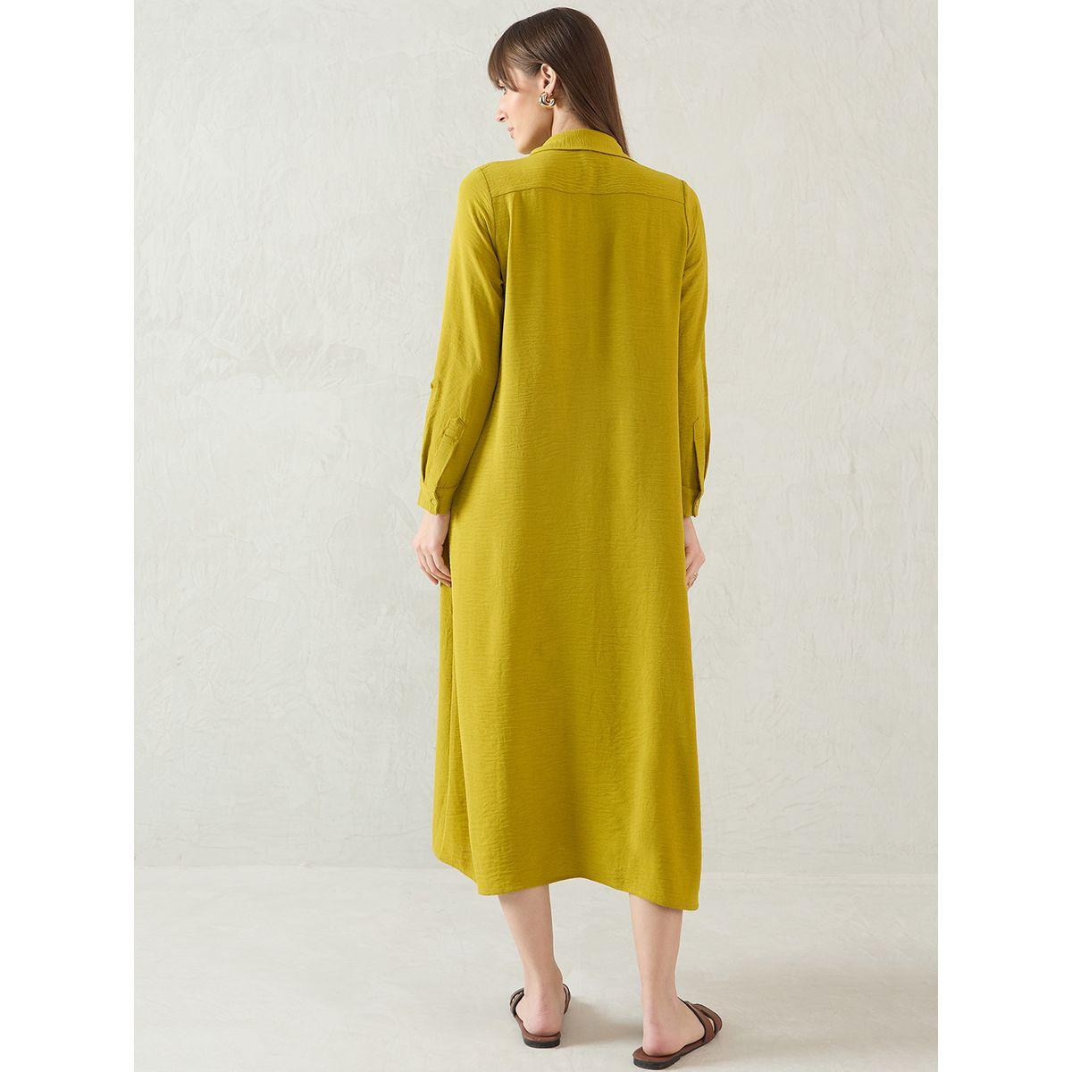 Femmella Green Solid Long Sleeve Shirt Midi Dress with Button Front-women-clothing-dresses-image-2