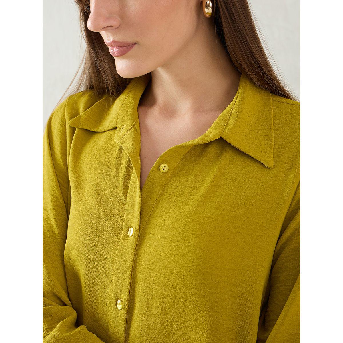 Femmella Green Solid Long Sleeve Shirt Midi Dress with Button Front-women-clothing-dresses-image-4