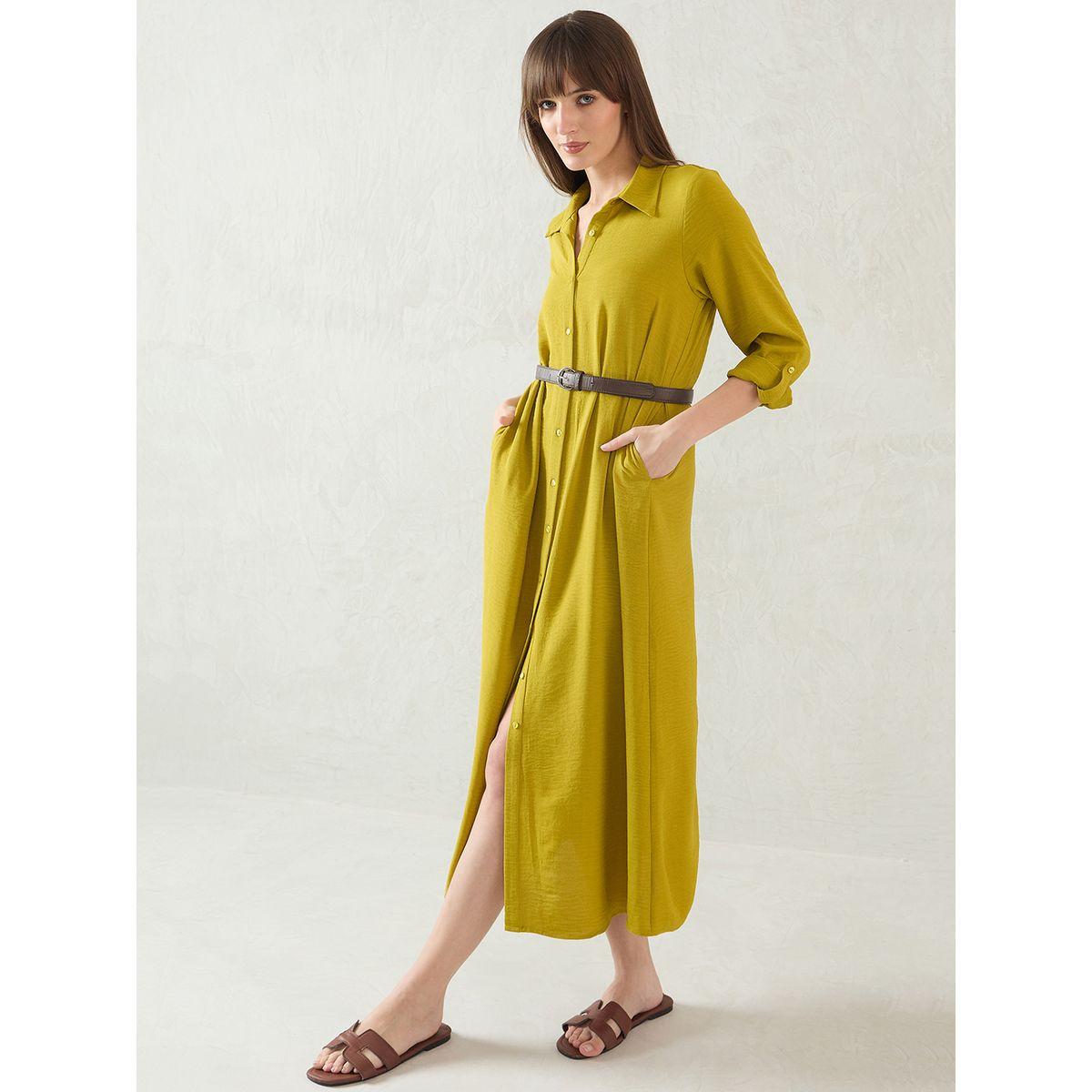 Femmella Green Solid Long Sleeve Shirt Midi Dress with Button Front-women-clothing-dresses-image-5
