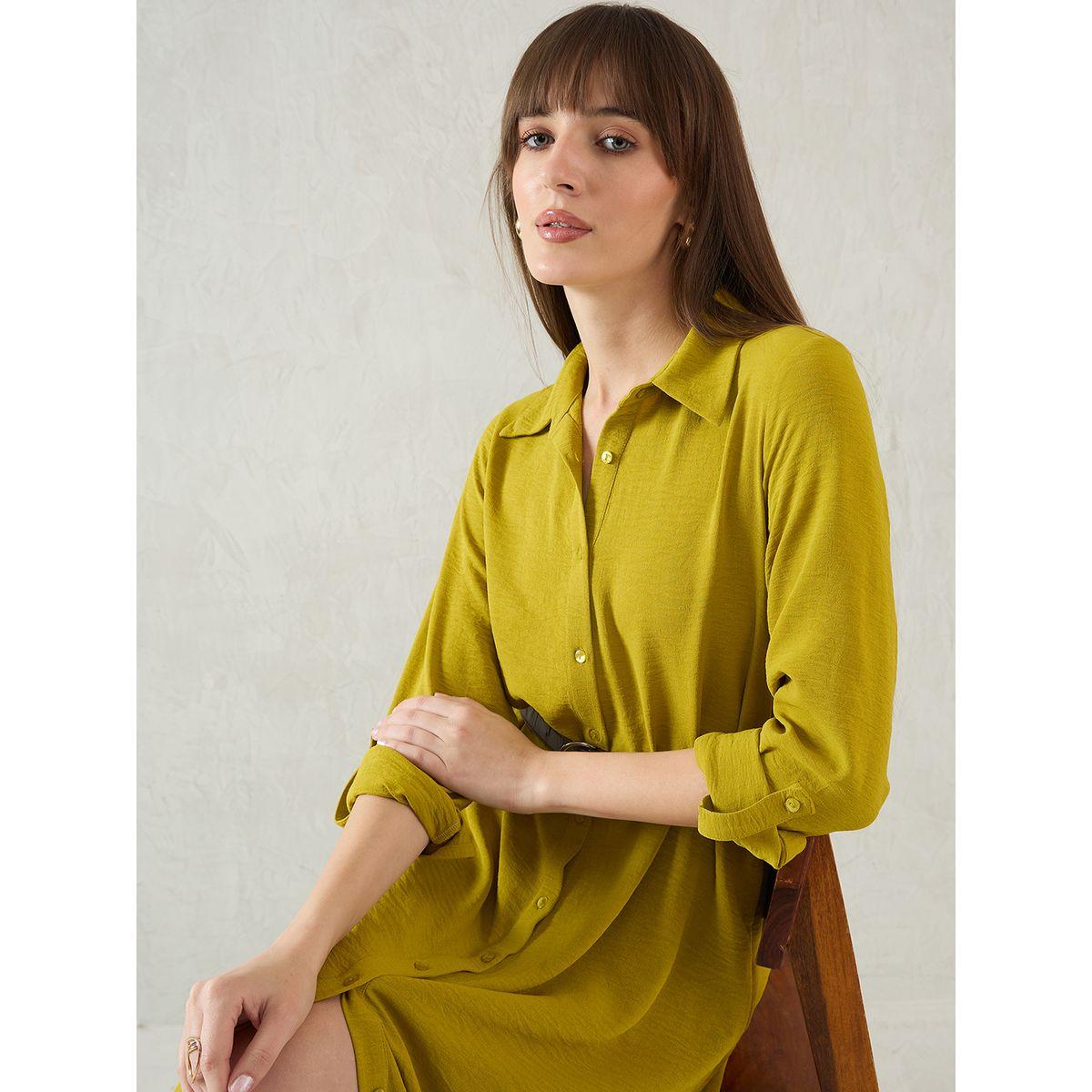 Femmella Green Solid Long Sleeve Shirt Midi Dress with Button Front-women-clothing-dresses-image-6