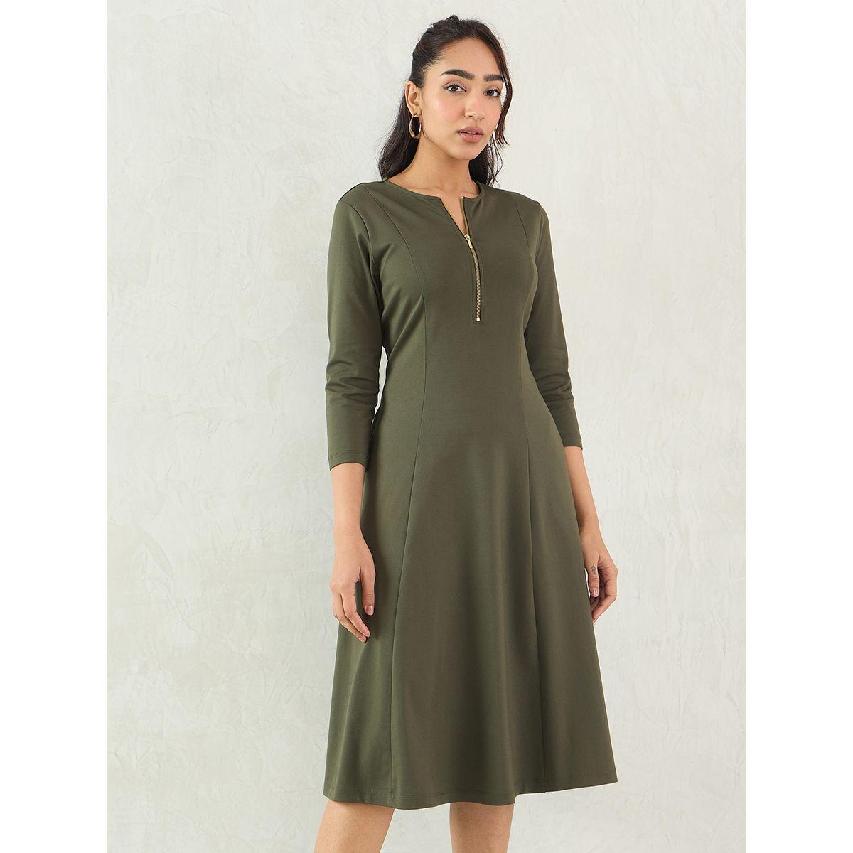 Femmella Olive Solid Half Zip A-Line Midi Dress-women-clothing-dresses-image-1