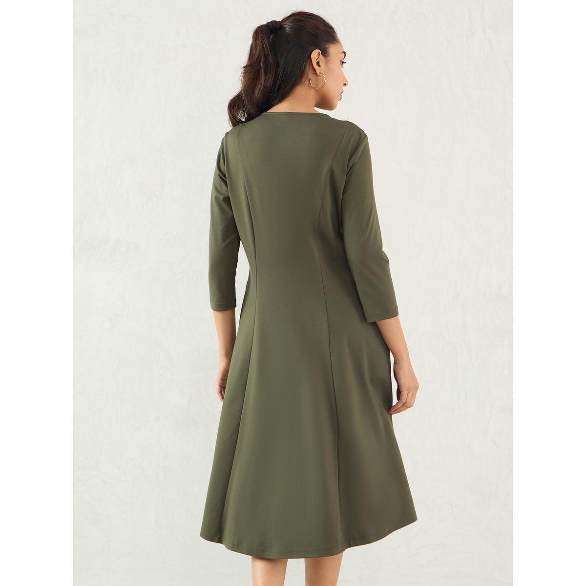 Femmella Olive Solid Half Zip A-Line Midi Dress-women-clothing-dresses-image-2