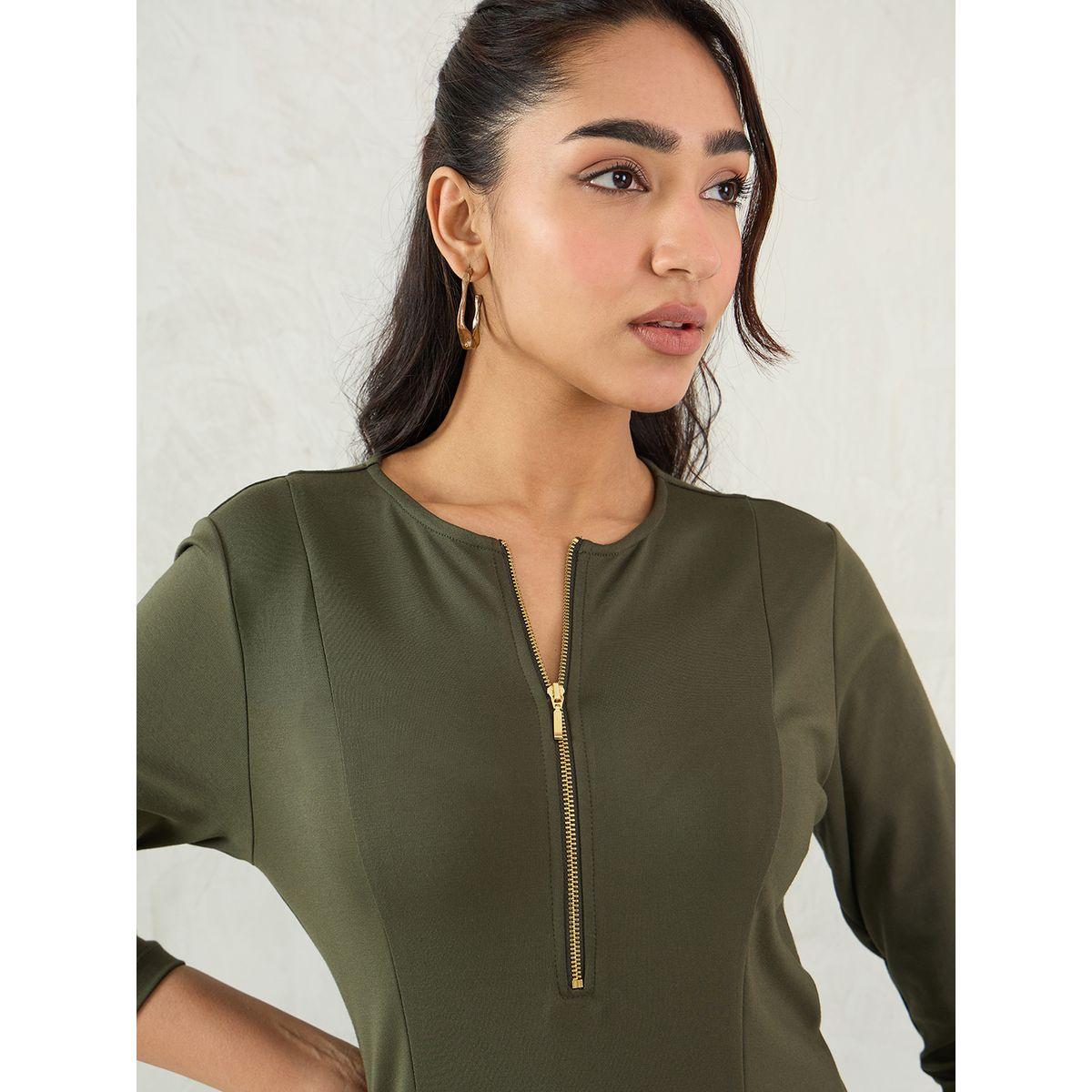 Femmella Olive Solid Half Zip A-Line Midi Dress-women-clothing-dresses-image-4