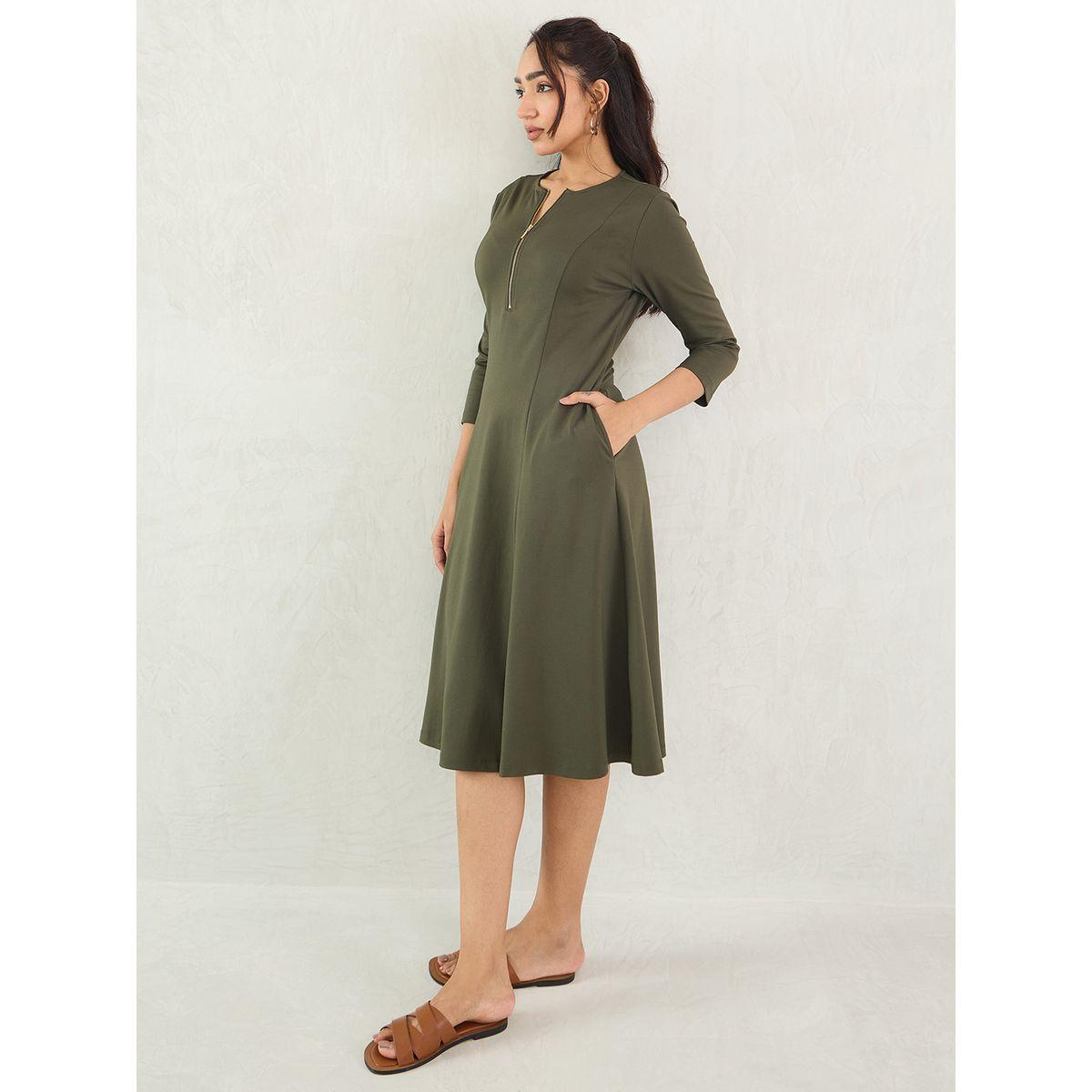 Femmella Olive Solid Half Zip A-Line Midi Dress-women-clothing-dresses-image-5