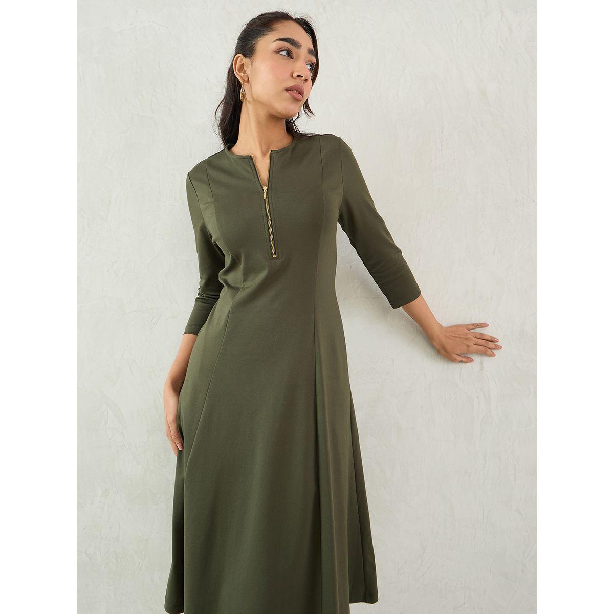 Femmella Olive Solid Half Zip A-Line Midi Dress-women-clothing-dresses-image-6