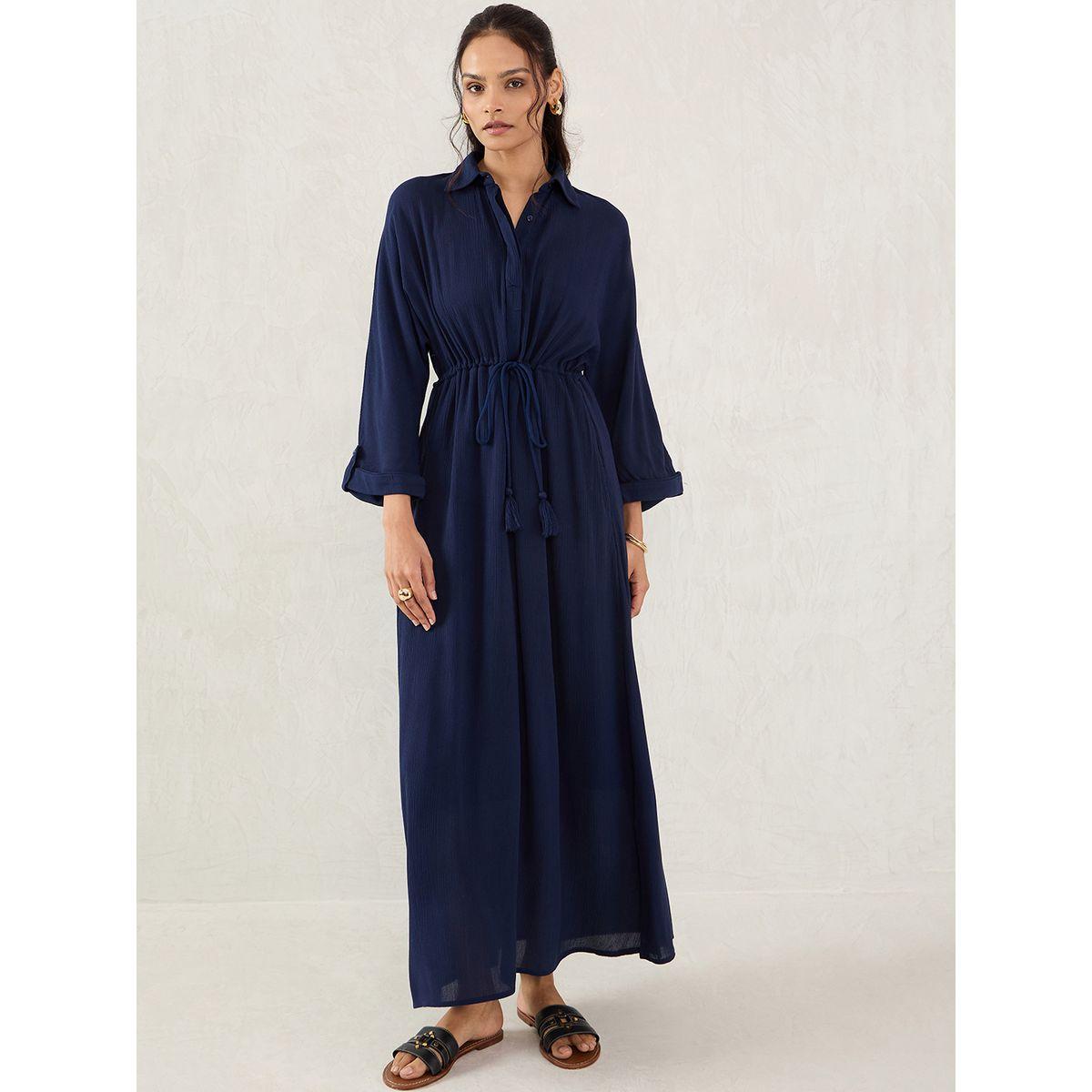 Femmella Blue Crinkled Collared A-Line Maxi Dress with Drawstring Waist-women-clothing-dresses-image-1