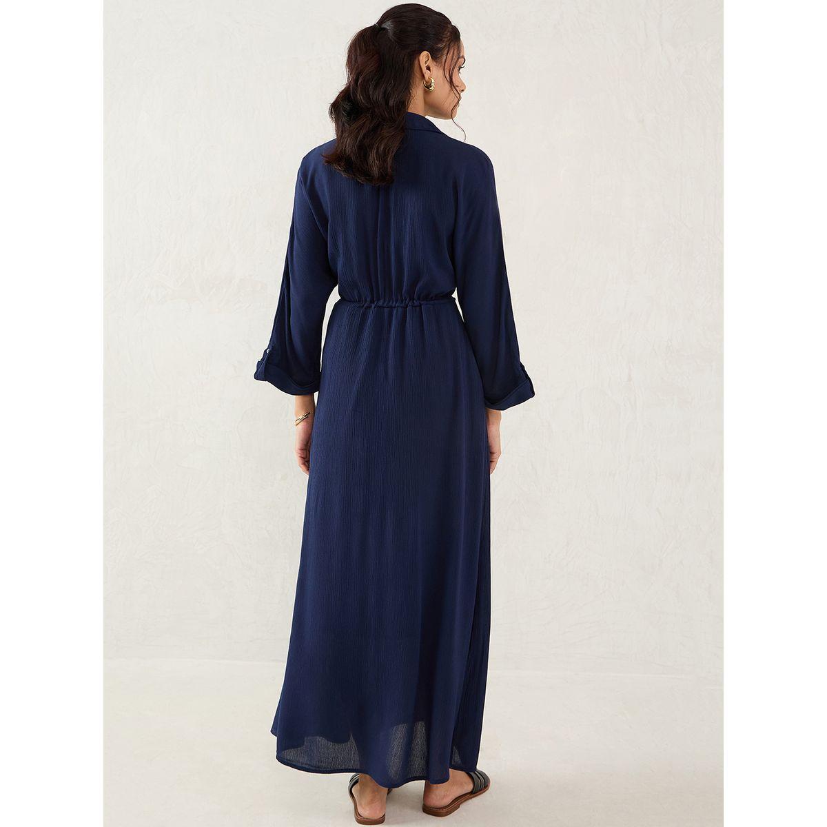 فستان طويل بتفاصيل ياقة مع ربطة خصر-women-clothing-dresses-image-2