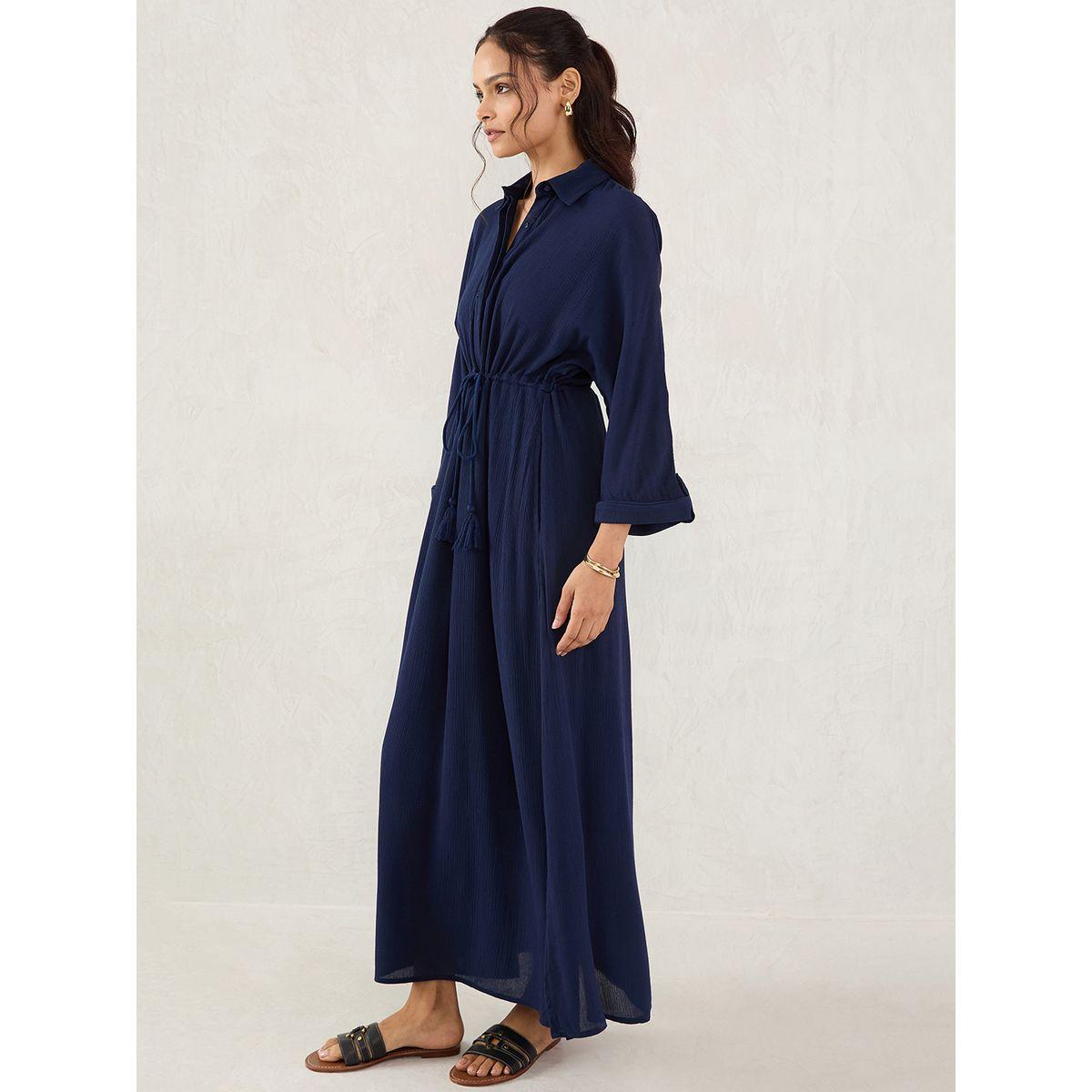 فستان طويل بتفاصيل ياقة مع ربطة خصر-women-clothing-dresses-image-3