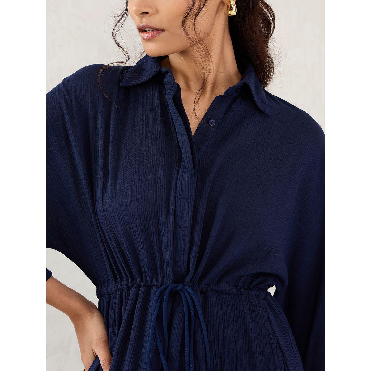 Femmella Blue Crinkled Collared A-Line Maxi Dress with Drawstring Waist-women-clothing-dresses-image-4