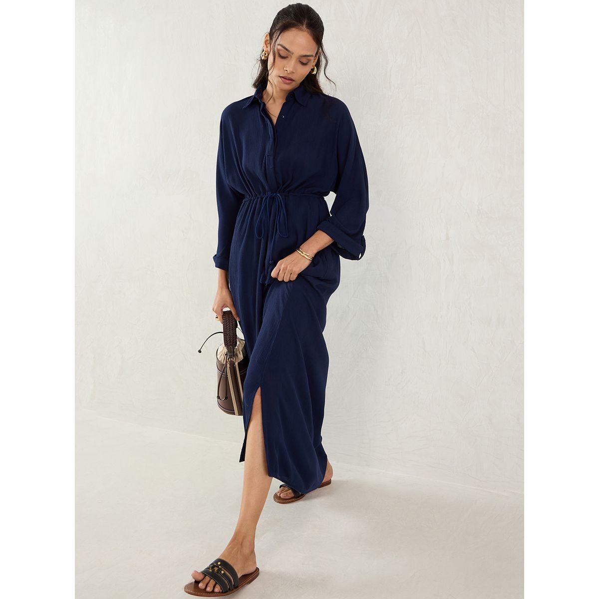 Femmella Blue Crinkled Collared A-Line Maxi Dress with Drawstring Waist-women-clothing-dresses-image-5