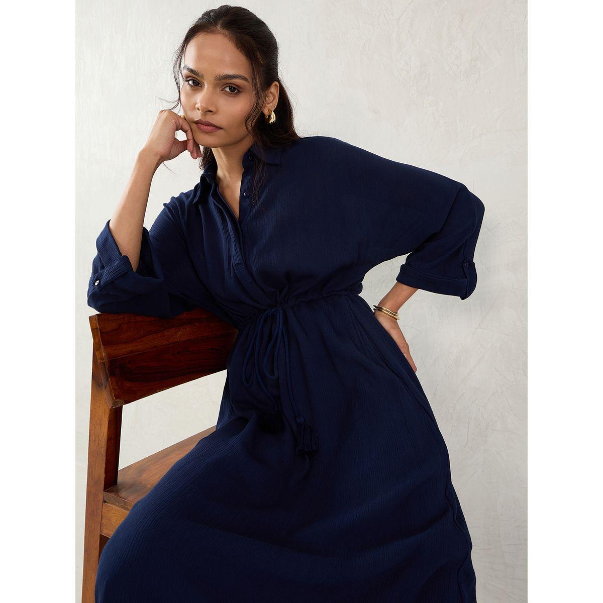 Femmella Blue Crinkled Collared A-Line Maxi Dress with Drawstring Waist-women-clothing-dresses-image-6