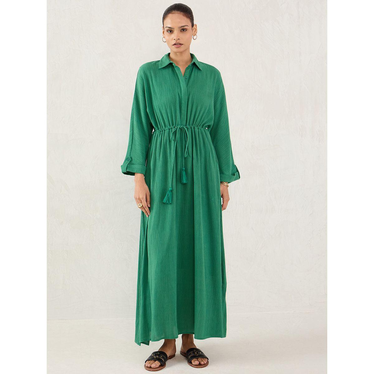 فستان طويل بتفاصيل ياقة مع ربطة خصر-women-clothing-dresses-image-1