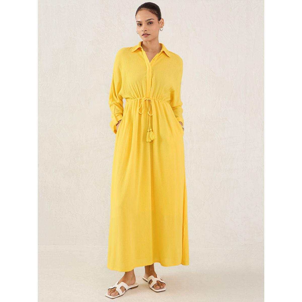 فستان طويل بتفاصيل ياقة مع ربطة خصر-women-clothing-dresses-image-1