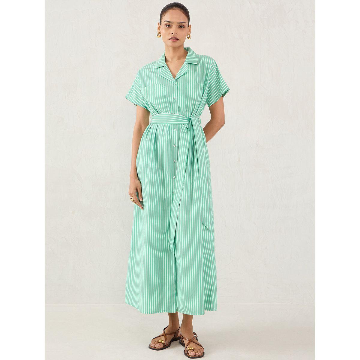 Femmella Green Striped Button Down Shirt Maxi Dress with Belt Detail-women-clothing-dresses-image-1