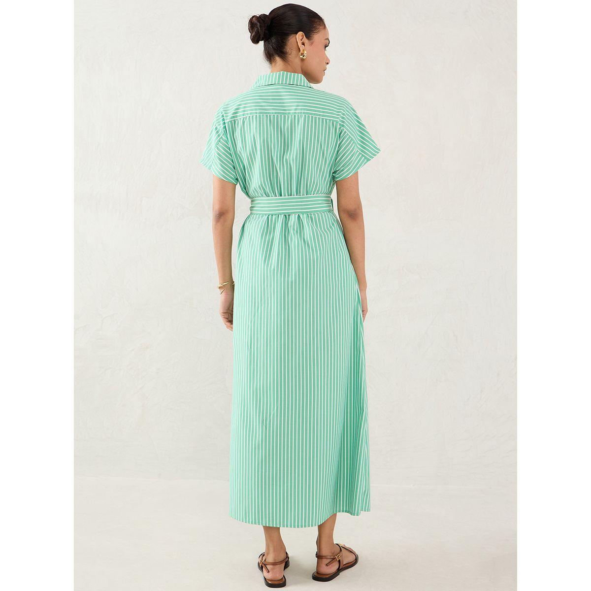 Femmella Green Striped Button Down Shirt Maxi Dress with Belt Detail-women-clothing-dresses-image-2