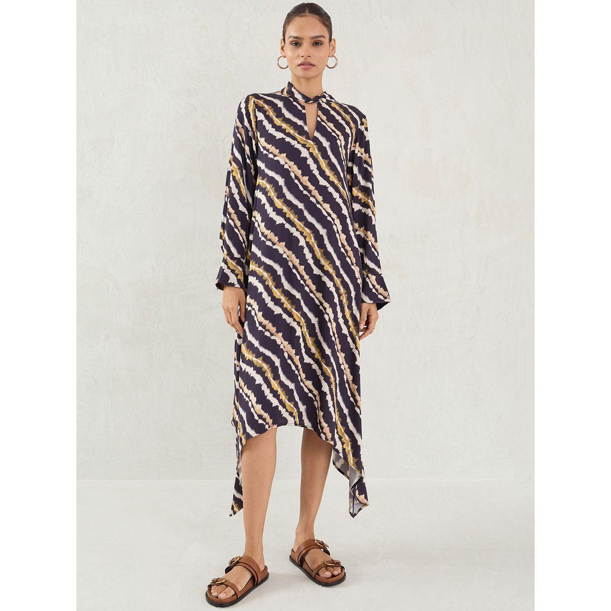 Femmella Black Abstract Print Asymmetric Hem A-Line Maxi Dress-women-clothing-dresses-image-1