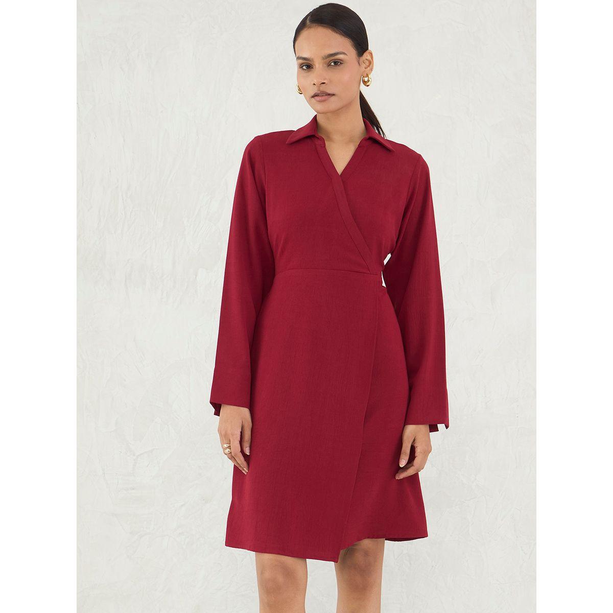 فستان سادة بطول الركبة بنمط لف-women-clothing-dresses-image-1