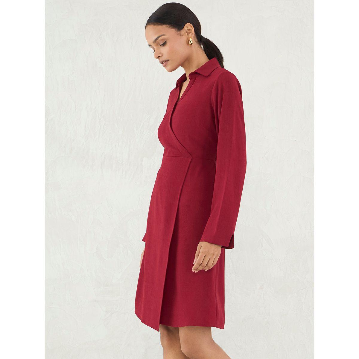 Femmella Red Solid Wrap Look A-Line Knee Length Dress-women-clothing-dresses-image-3