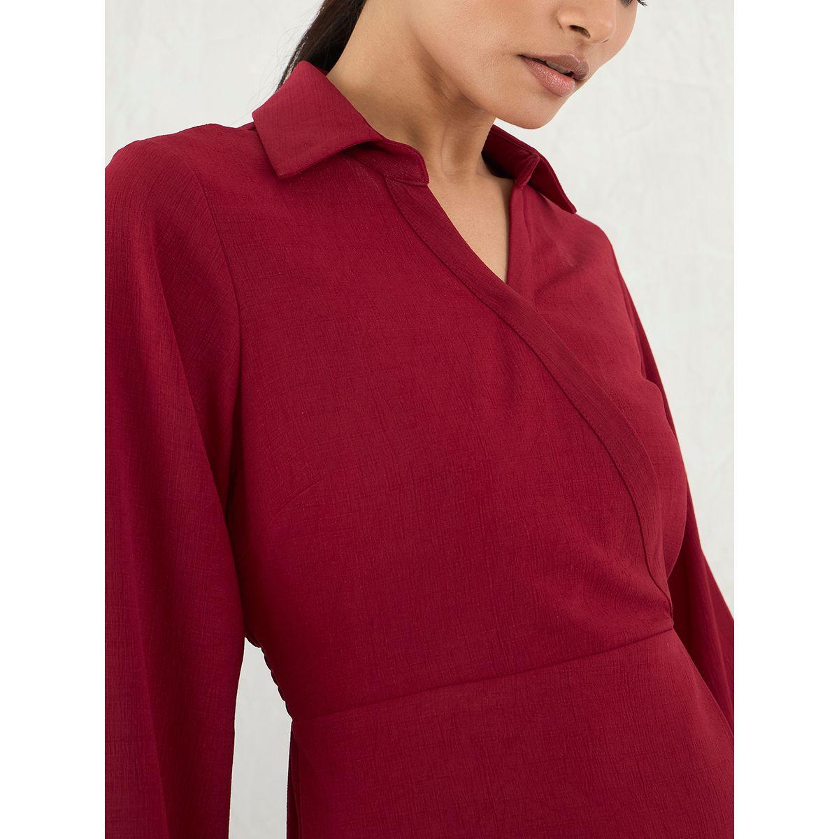Femmella Red Solid Wrap Look A-Line Knee Length Dress-women-clothing-dresses-image-4