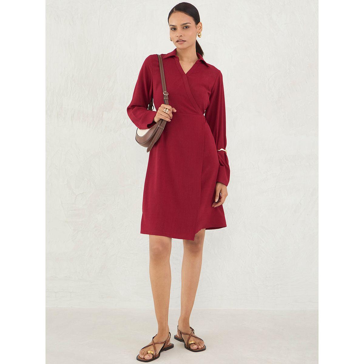 Femmella Red Solid Wrap Look A-Line Knee Length Dress-women-clothing-dresses-image-5