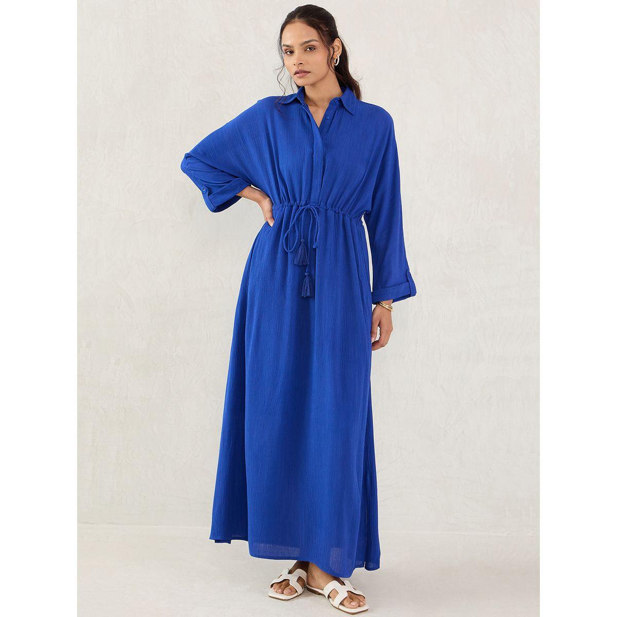 Femmella Blue Crinkled Collared A-Line Maxi Dress with Drawstring Waist-women-clothing-dresses-image-1