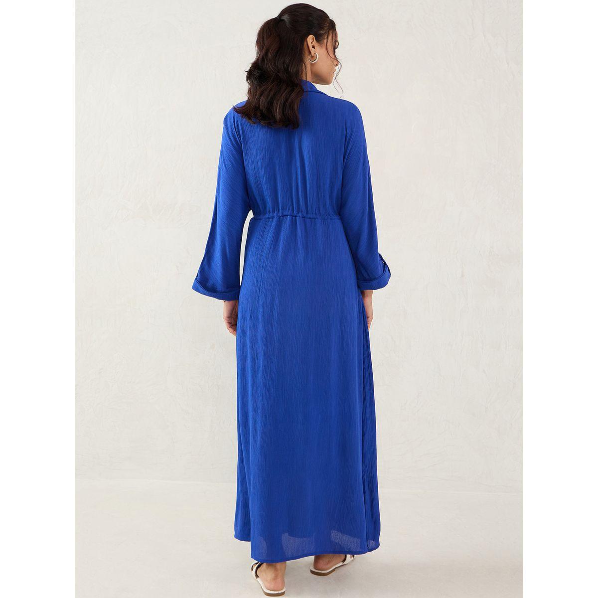 Femmella Blue Crinkled Collared A-Line Maxi Dress with Drawstring Waist-women-clothing-dresses-image-2