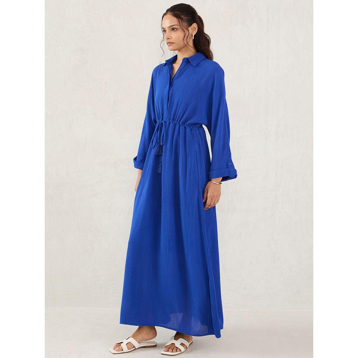 Femmella Blue Crinkled Collared A-Line Maxi Dress with Drawstring Waist-women-clothing-dresses-image-3