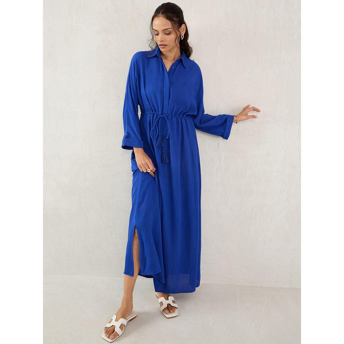 فستان طويل بتفاصيل ياقة مع ربطة خصر-women-clothing-dresses-image-5