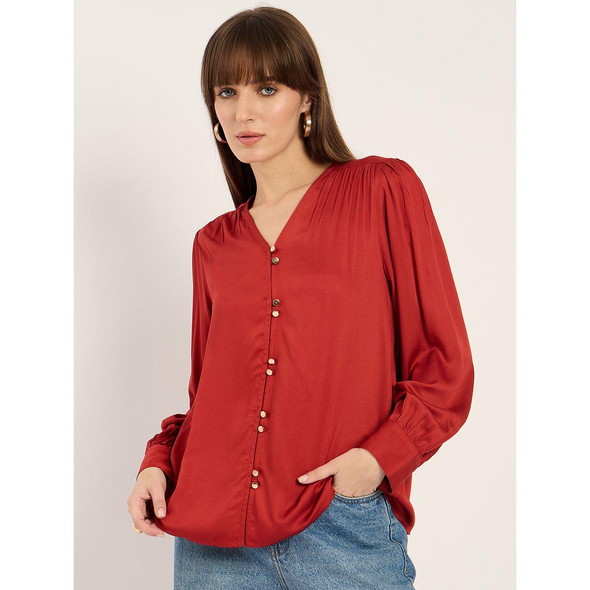 Femmella Rust Dual Button Detail V Neck Top-women-clothing-shirtsandblouses-blouses-image-1