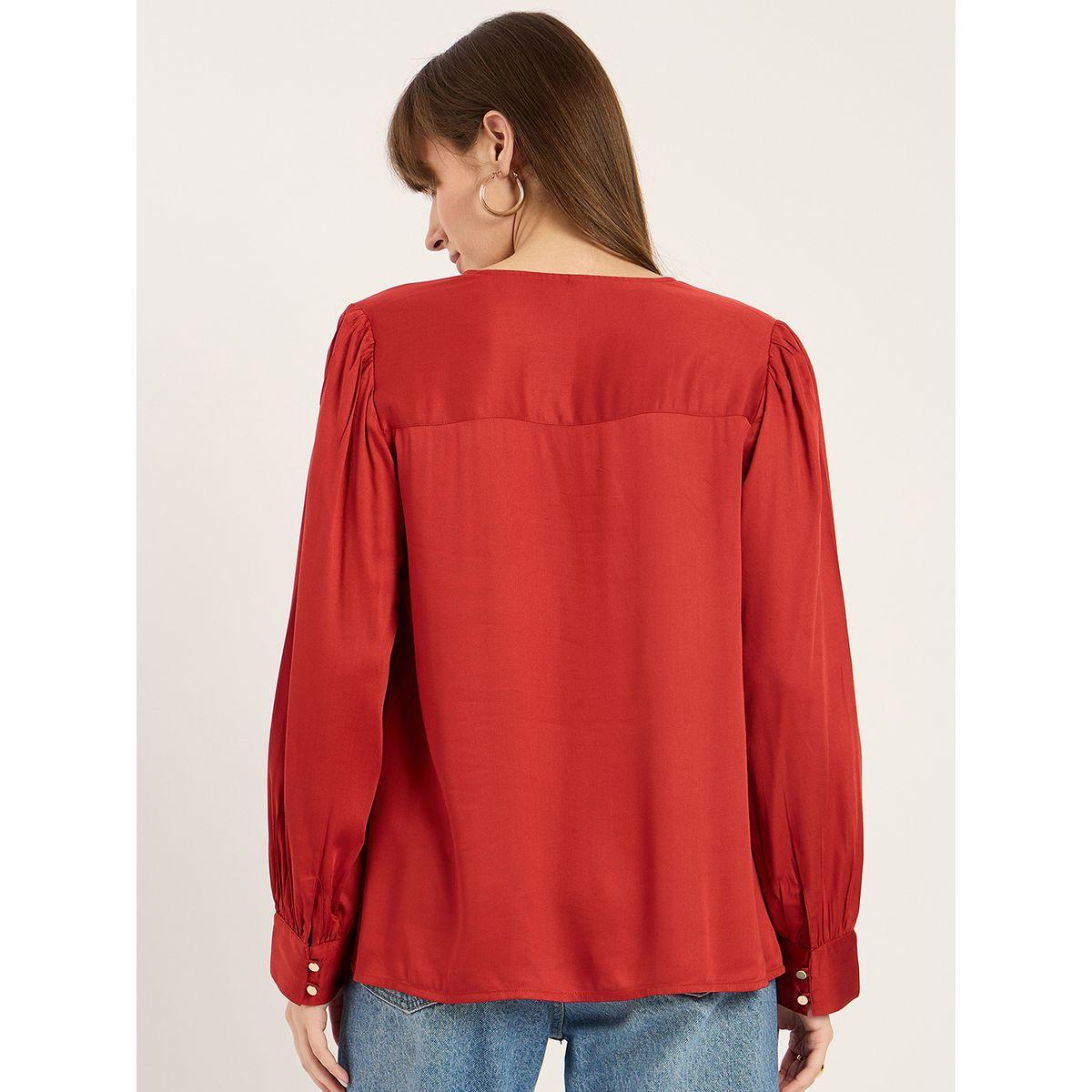 Femmella Rust Dual Button Detail V Neck Top-women-clothing-shirtsandblouses-blouses-image-2