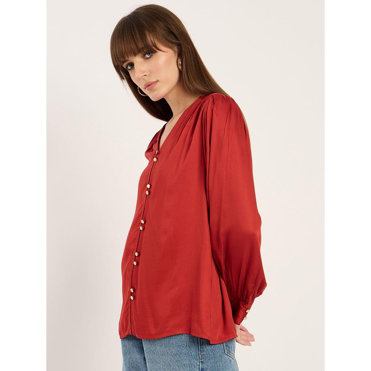 Femmella Rust Dual Button Detail V Neck Top-women-clothing-shirtsandblouses-blouses-image-3