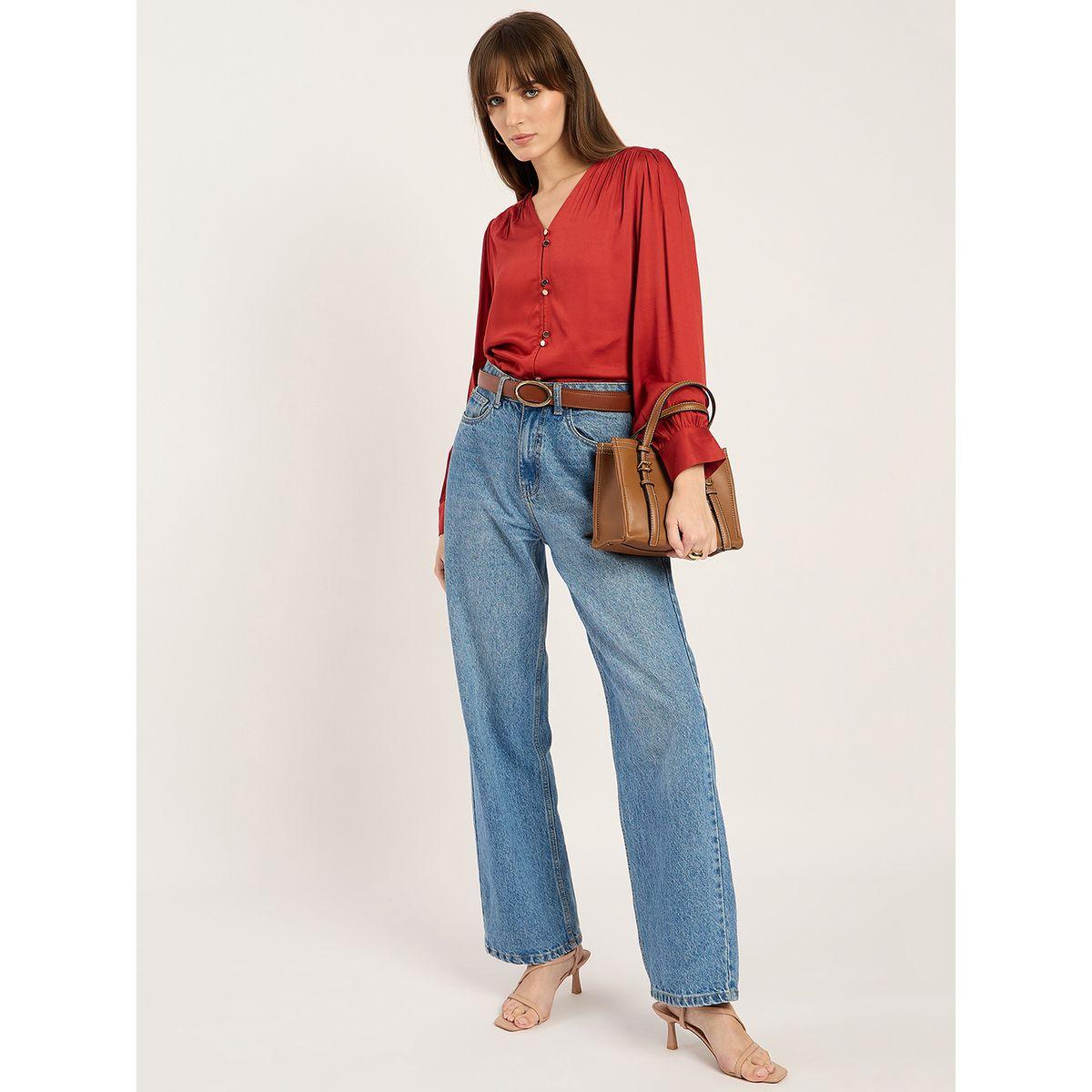 Femmella Rust Dual Button Detail V Neck Top-women-clothing-shirtsandblouses-blouses-image-4