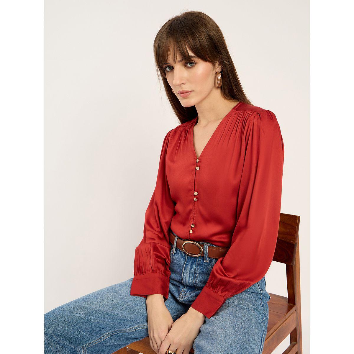 Femmella Rust Dual Button Detail V Neck Top-women-clothing-shirtsandblouses-blouses-image-5