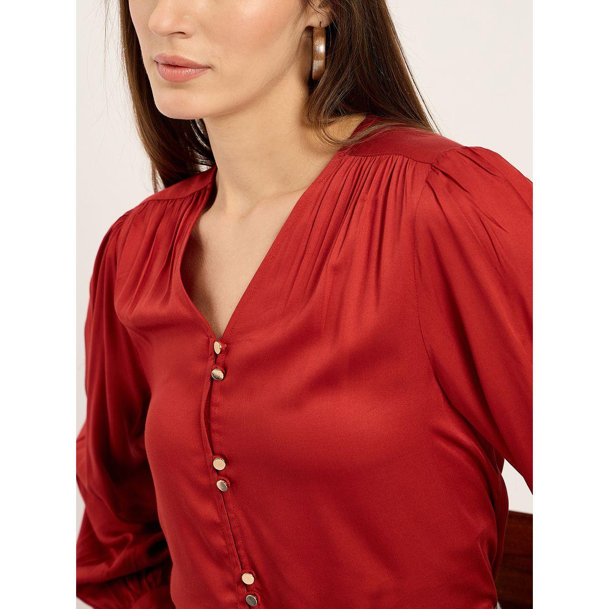 Femmella Rust Dual Button Detail V Neck Top-women-clothing-shirtsandblouses-blouses-image-6