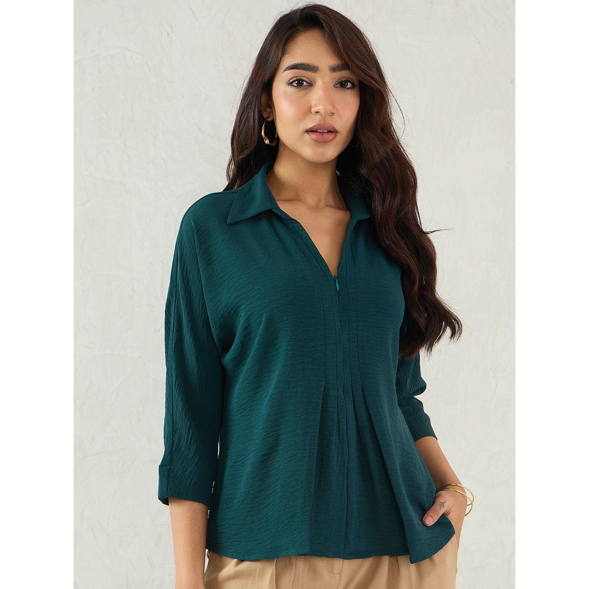 Femmella Green Pleated Detail Regular Fit Top-women-clothing-shirtsandblouses-blouses-image-1