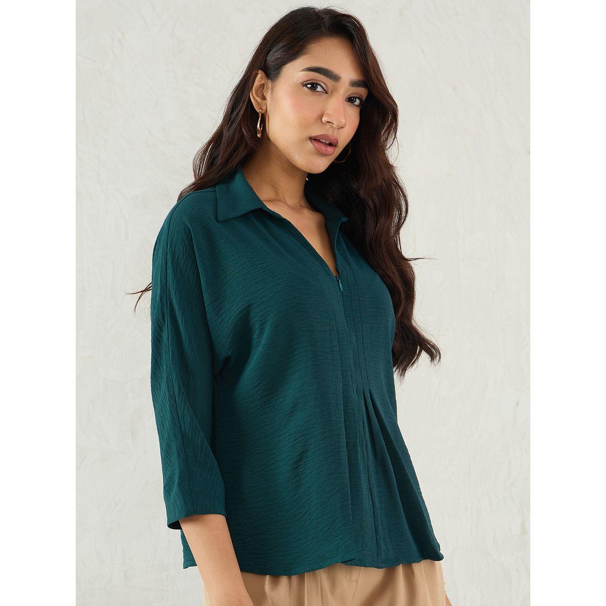 Femmella Green Pleated Detail Regular Fit Top-women-clothing-shirtsandblouses-blouses-image-3