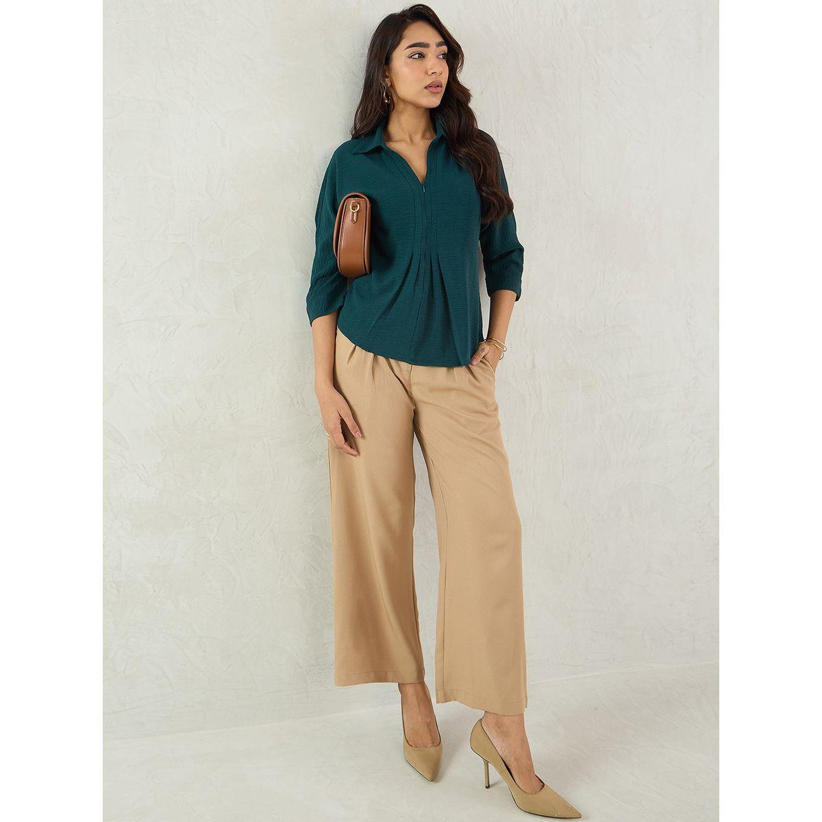 Femmella Green Pleated Detail Regular Fit Top-women-clothing-shirtsandblouses-blouses-image-5