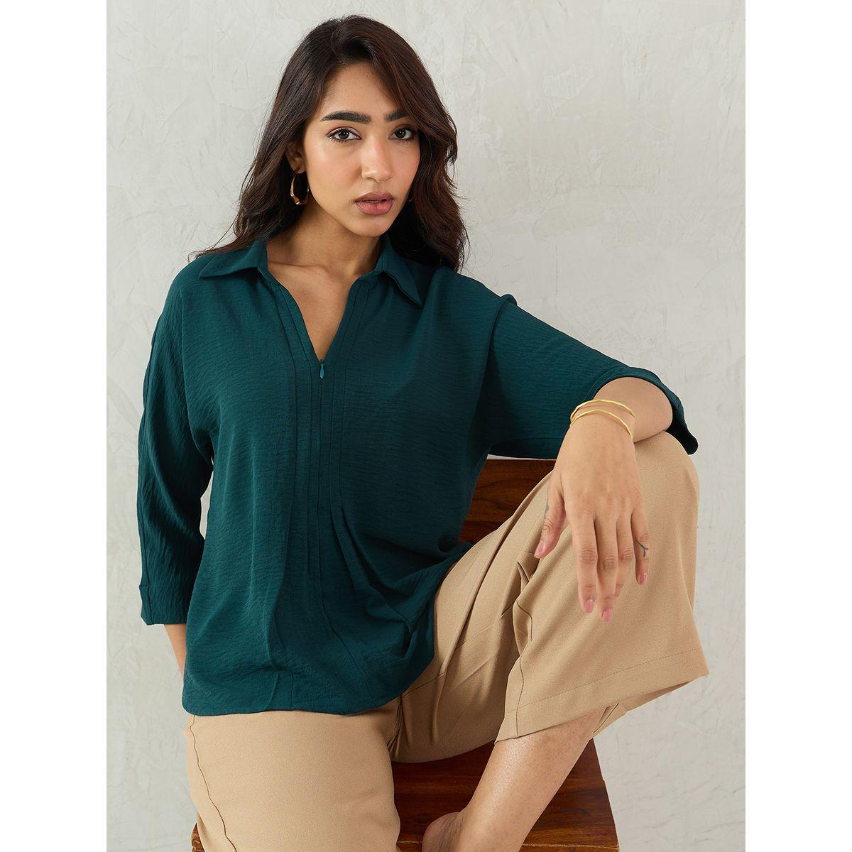 Femmella Green Pleated Detail Regular Fit Top-women-clothing-shirtsandblouses-blouses-image-6