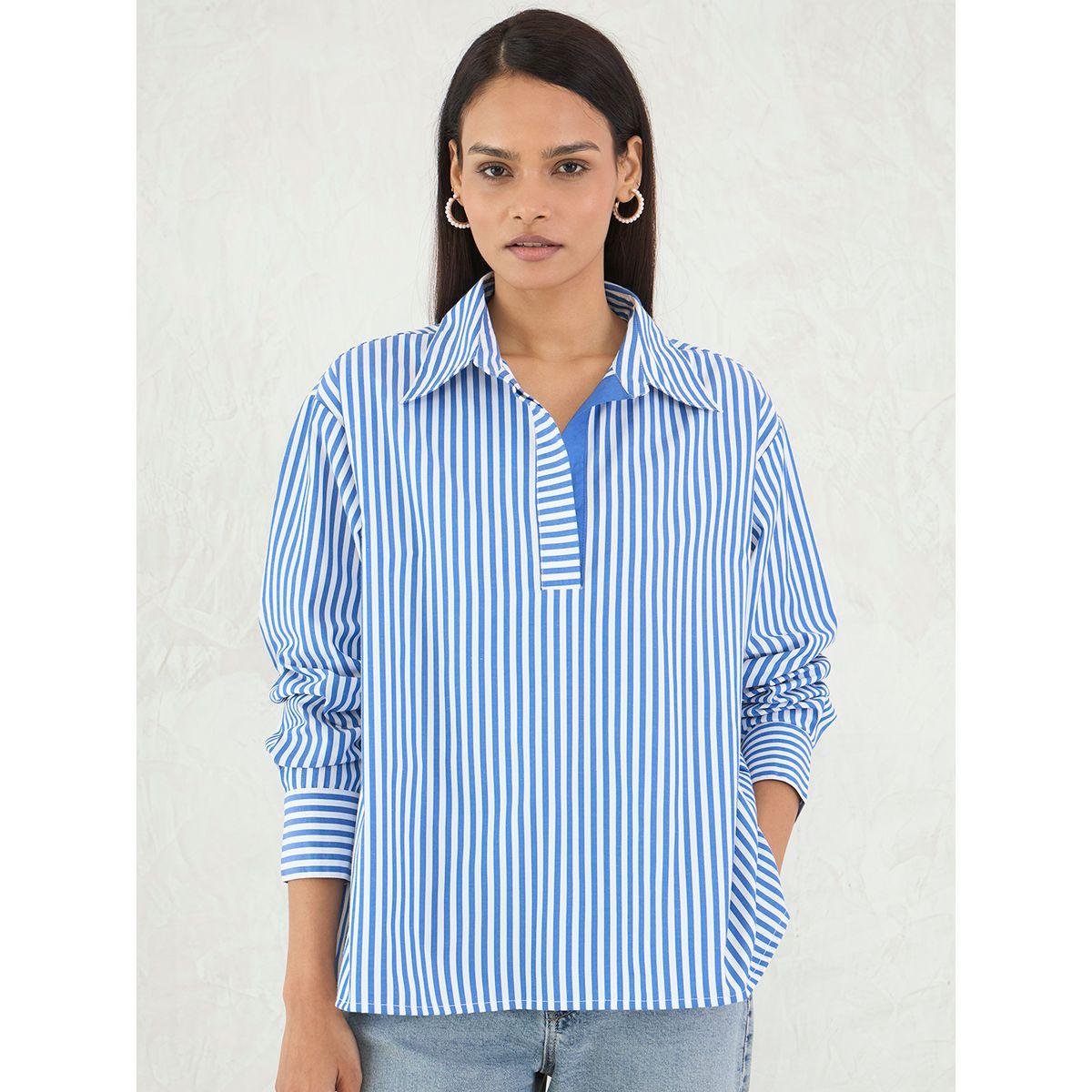 بلوزة فضفاضة مخططة بياقة سبريد-women-clothing-shirtsandblouses-shirts-image-1