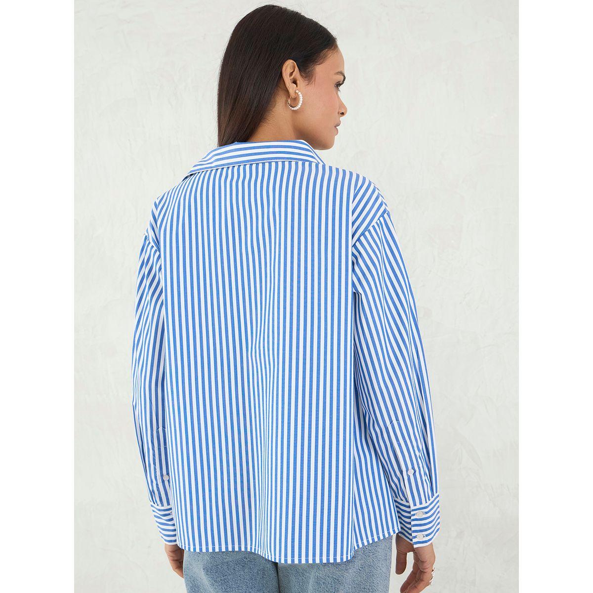 بلوزة فضفاضة مخططة بياقة سبريد-women-clothing-shirtsandblouses-shirts-image-2