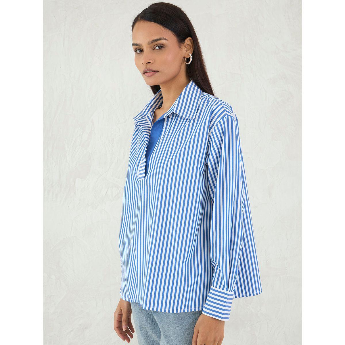 بلوزة فضفاضة مخططة بياقة سبريد-women-clothing-shirtsandblouses-shirts-image-3